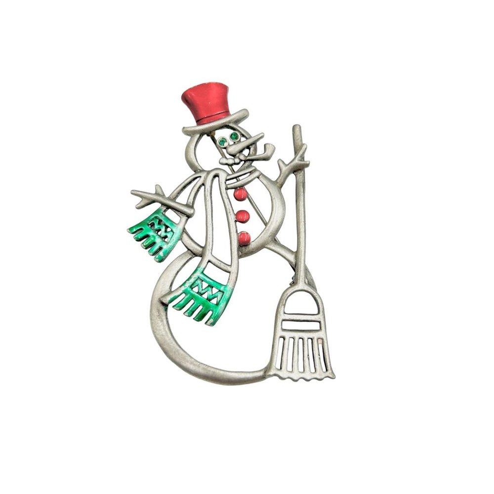 Vintage Signed JJ Snowman Christmas Holiday Brooch Pin Pewter & Enamel Red Green